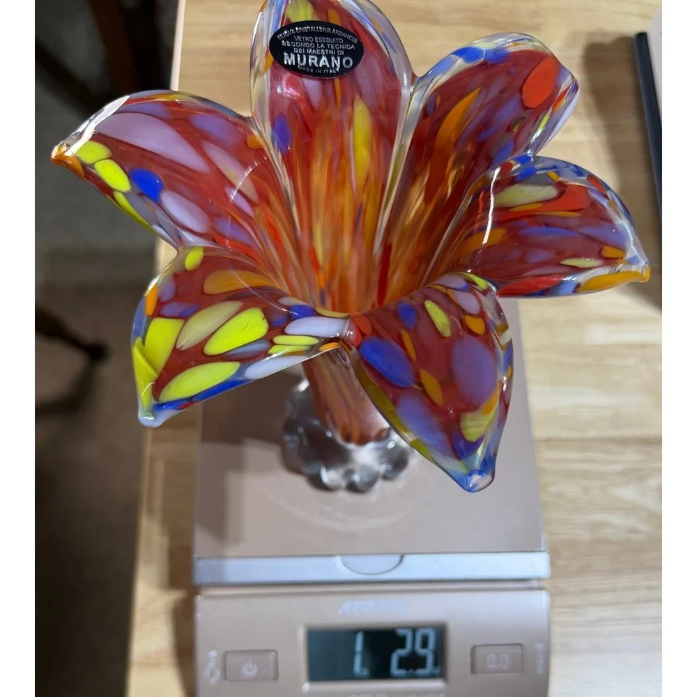 Vintage Murano Vetro Eseguito Vase Art Glass Multicolor Tulip Scalloped Base 6.5